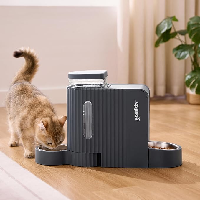 Gravity Cat Feeder and Water Dispenser with 304 Stainless Steel Bowls, 2 in 1 Automatic Cat Feeder with 180 Degree Rotatable Water Bowl, Large Capacity for Puppy Kitten Rabbits, Grey