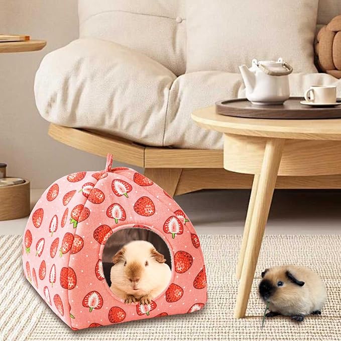 JSPYFITS Guinea Pig Hideout, 2 Pack Guinea Pigs House Set Rabbit Bed, Guineapigs Houses Rabbit Hideout for Small Animal Bunny/Rabbits/Chinchilla Accessories Pink Strawberry