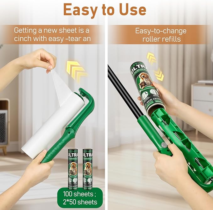 10" Large Lint Roller for Pet Hair Extra Sticky, Long Handle Floor Sticky Rollers with Big Lint Roller Refills for Cleaning Carpets, Cars, Furniture,Clothing, and Pet Hair,Green