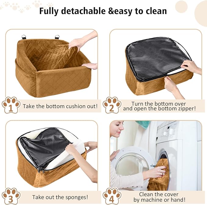 Dog Car Seat for Small Medium Dogs,Detachable Washable Dog Booster Seat Under 30lbs,Pet Car Seat Travel Bed with Storage Pockets and Dog Safety Belt(Brown