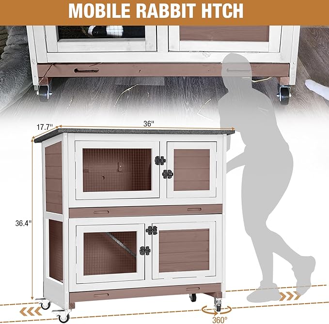 Rabbit Hutch Indoor Outdoor, Bunny Cage with Casters, Guinea Pig Cage Bunny Hutch with Two Plastic Trays 36inch-Brown