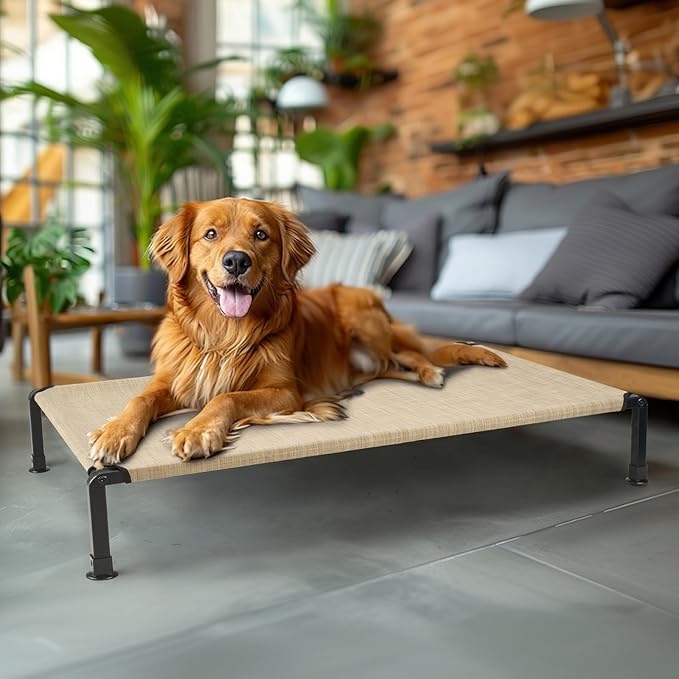 Veehoo Heavy Duty Elevated Dog Bed - Raised Bed with Washable & Breathable Teslin Mesh, Non-Slip Silicon Feet, Cooling Dog Cot, Indoor/Outdoor Use, 41" x 27", Beige Coffee