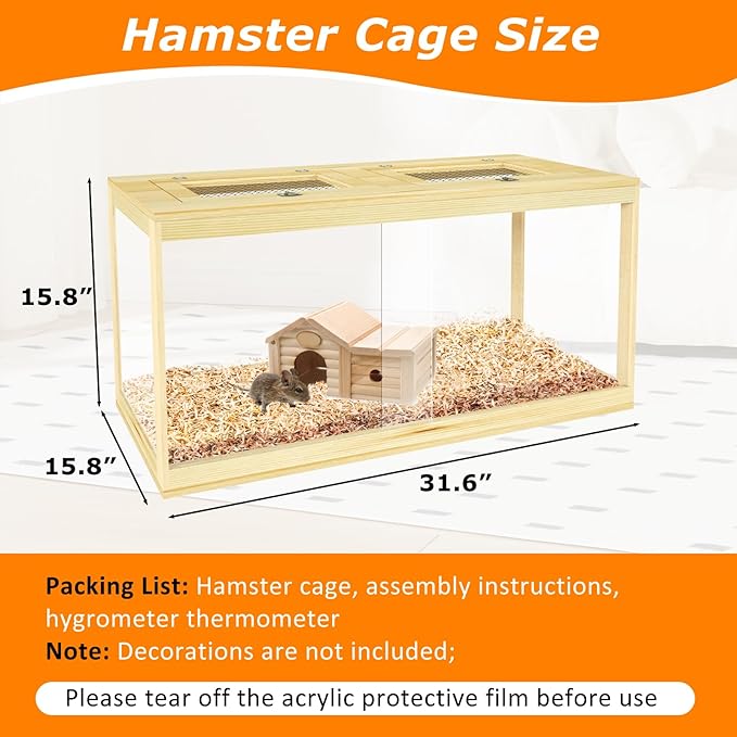 32" Hamster Habitat Enclosure, Lockable Sliding Door Gerbil Cage, Dwarf Hamster Cage with Metal Mesh Roof, Chewproof Syrian Hamster Cage for Mice, Small Animal, (Wooden, 32" L x 16" W x 16" H)