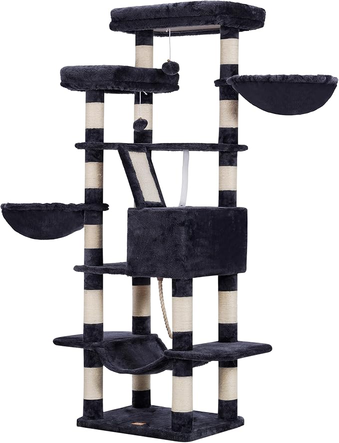 Heybly Cat Tree, 68 inch Multi-Level Cat Tower for Indoor Cats, 2 Widened Plush Perches Cat Condo with Scratching Board and Big Caves, Smoky Gray HCT025G