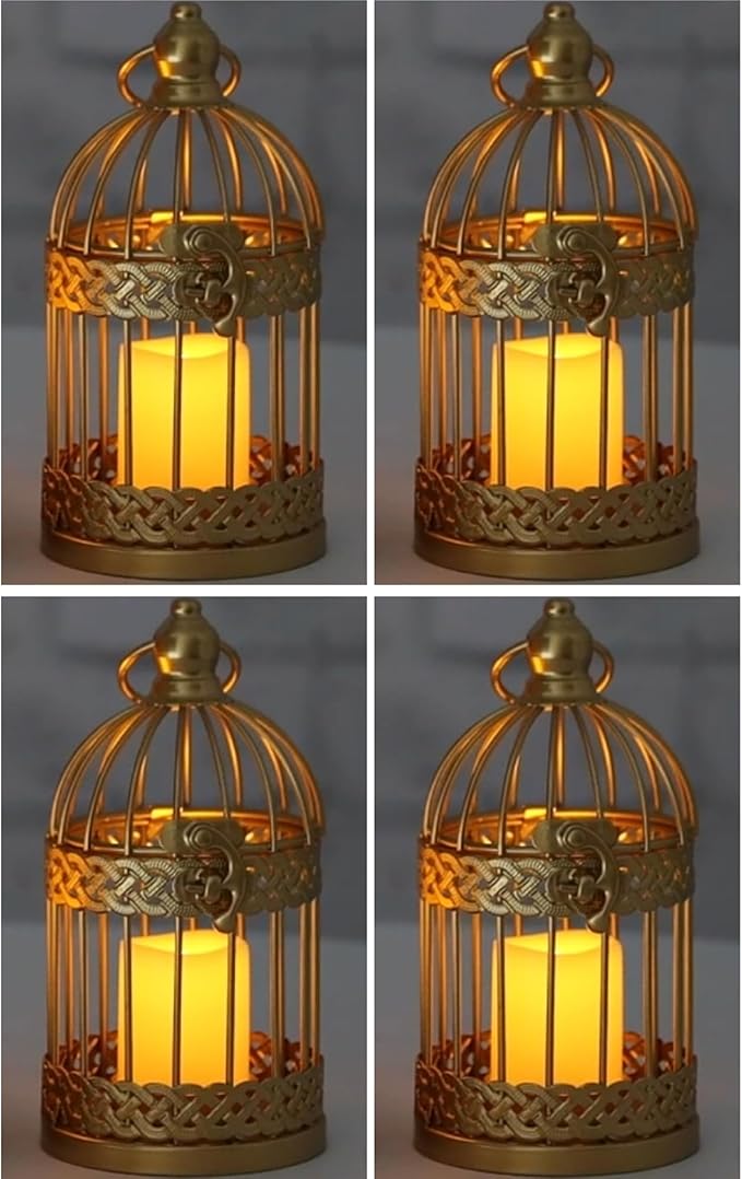 Vela Lanterns Bird Cage Decor Candle Holder Lantern Decorative Wedding Table Centerpiece Decorations, Gold, Small, Set of 4