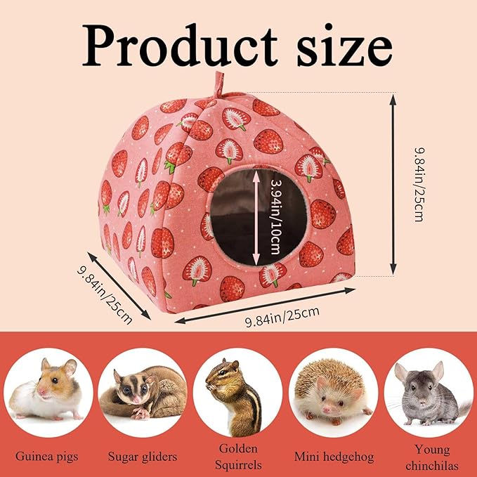 JSPYFITS Guinea Pig Hideout Bed Rabbit House Cave Accessories Cozy Hide-Out Guinea Pig Bed Washable Cage for Small Pet Hamster Ferret Rabbit Bunny Pink Strawberry