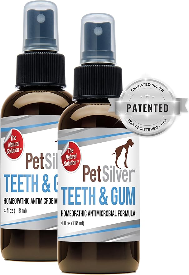 PetSilver Teeth & Gum Spray - Dog Dental & Teeth Cleaning Spray for Plaque & Tartar Build-Up Reduction - Natural Breath Freshener for Dogs & Cats - Patented Chelated Silver - Made in USA - 4oz, 2-Pack