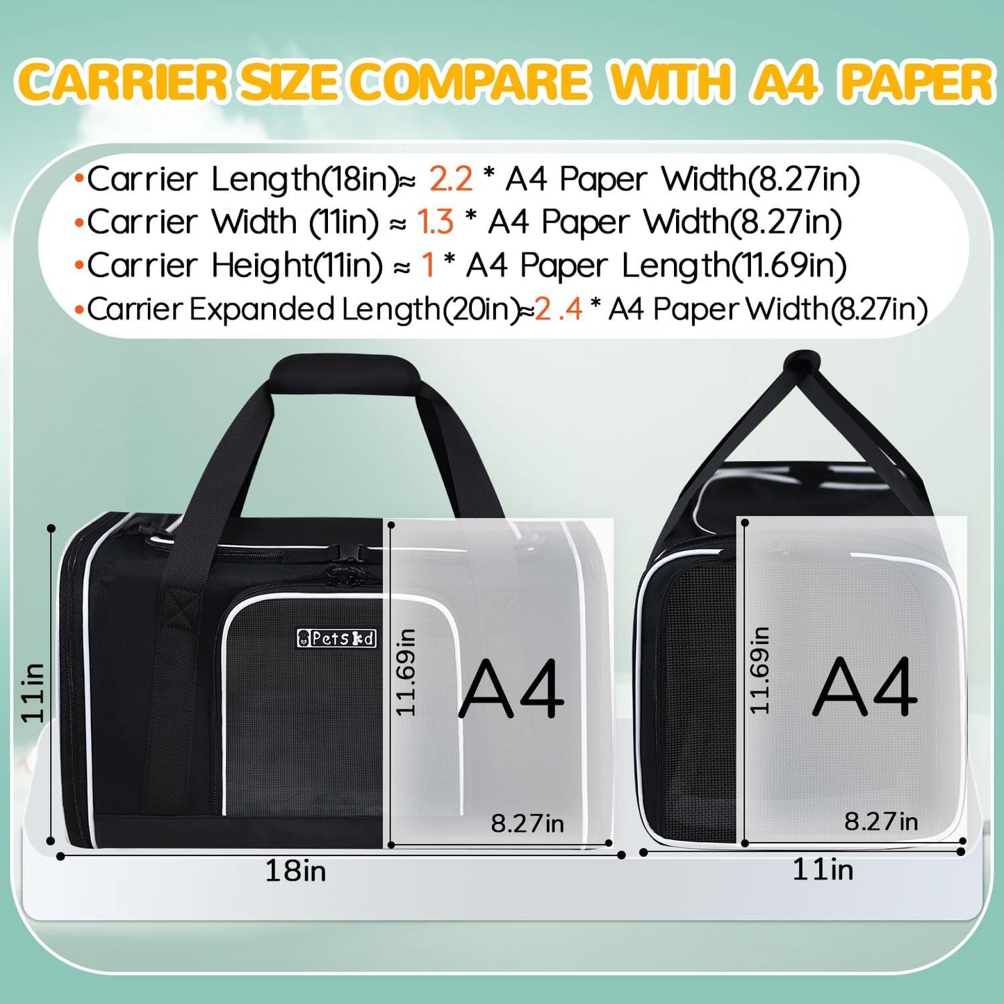 Petskd Length-Expandable Pet Carrier 18x11x11 Inches Delta American United Airline Approved, Soft Pet Travel Carrier for Small Cats Dogs with Zipper Locks and Anti-Scratch Mesh(Black)