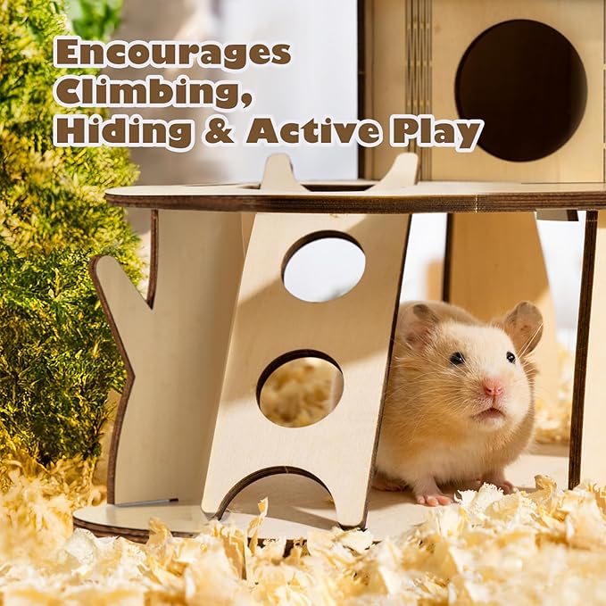 Wooden Hamster House with Ladder, 2-Tier Tree House Design Hamster Hideout Cage Accessories for Dwarf Gerbil Mouse