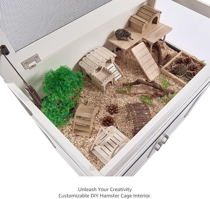 unipaws Hedgehog Cage with Storage Cabinet, Hamster Cage for Rat and Guinea Pigs, Clear Transparent PVC Visual Small Animal Cage with Tray, Hamster Enclosure, White