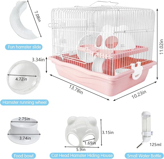 PINVNBY Dwarf Hamster Cage, Small Animal Cages, 2-Tier Travel Portable Mouse Cage Hamster Carrier with Castle House Running Exercise Wheels, Water Bottle and Food Dis(Pink)