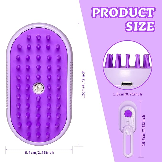 Spray Cat Brush for Shedding - Pet Grooming Brush with Steamer and Water Spray, Ideal for Cats and Dogs (Purple)