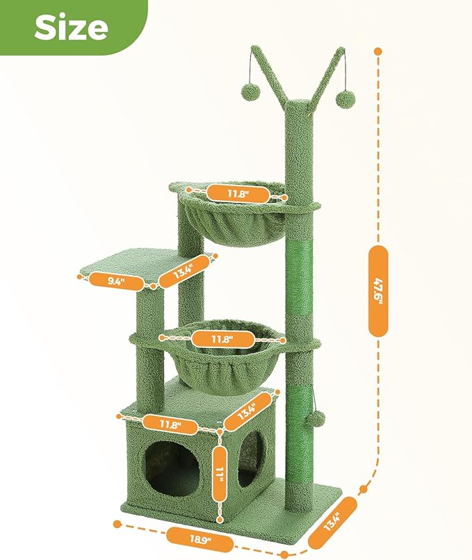 Cactus Cat Tree, 47.6" Cat Tower with 2 Metal Frame Hammock, Cat Scratching Post for Indoor Cats with 2 Removable Pompom Sticks for Kittens, Green