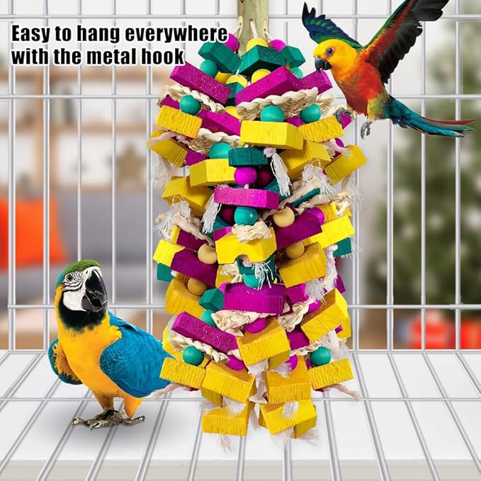 Large Bird Toys, Multi-Color Wooden Block with Bamboo Support Bird Chewing Toy Parrot Cage Bite Toy for Macaws Cokatoos African Grey and Large Medium Parrot Birds