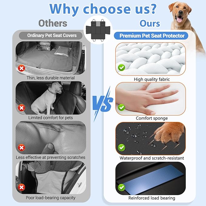 Hard Bottom Dog Car Seat Cover for Back Seat – Waterproof Nonslip Hammock Extender for Trucks & SUVs, Heavy Duty Pet Protector, Gray Faux Leather