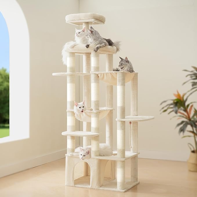 Heybly Heavy Duty Cat Tree, 71-Inch Tall Tower for Large Maine Coon with Extra-Large Baseboard, Cat Condo Furniture with Multi-Level Platforms, 2 Hammocks and 12 Scratching Posts, Beige HCT037M