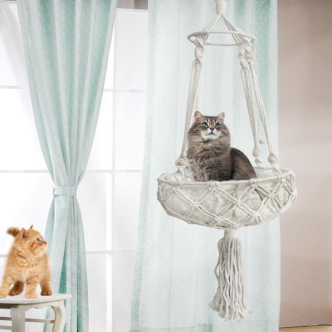kathson Macrame Cat Hammock with Cushion,Handwoven Cats Bed,Hanging Indoor Boho Kitten Swing Beds for Playing Sleeping Climbing and Lounging(XL)