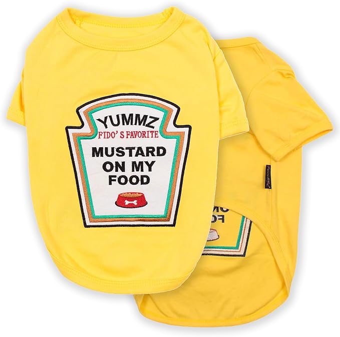 Parisian Pet Dog Shirt - Embroidered “Mustard on My Food“ - 100% Cotton and Polyester Dog Clothes - Sleeved, Lightweight Costume for Dogs - Yellow Dog Shirts for Large Dogs - Pet Costumes - 3XL