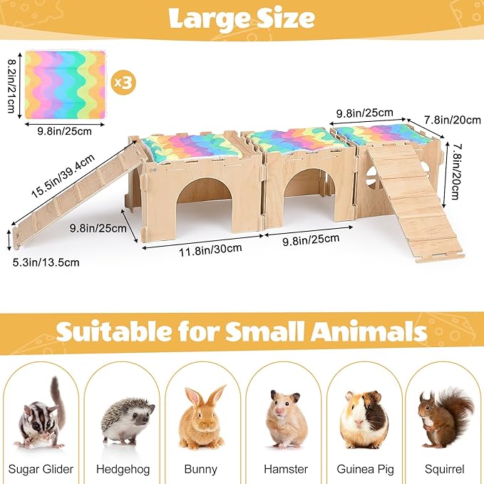 Guinea Pig Hideout, Guinea Pigs House with Stairs and Mats Extra Large Guinea Piggy Castle Detachable Hideouts for Small Animals Wooden Guinea Pig Habitats with Multiple Doors and Windows