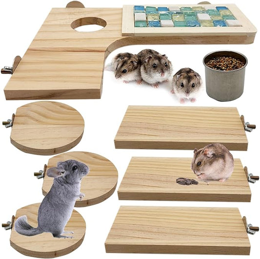 Wooden Hamster Cage Platform Set 9 Pack Wood Juvenile Chinchilla Shelves, Squirrel L-Shape Corner Ledge with Hole Cooling Standing Board, Rat Cage Accessories for Gerbil Small Animal Climbing