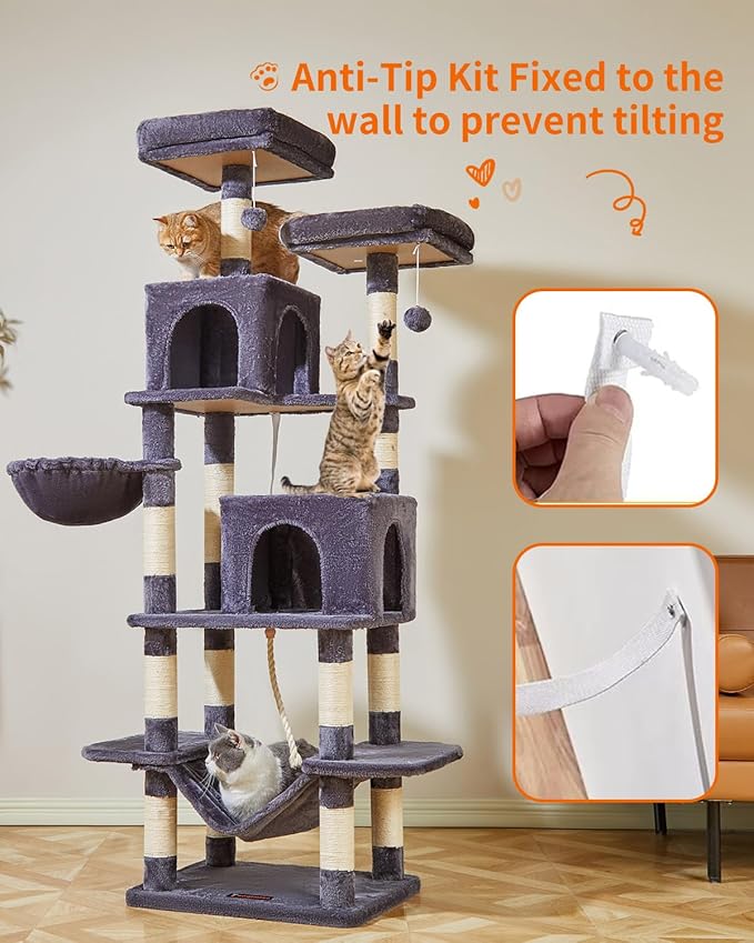Taoqimiao Cat Tree, 71.7-Inch Cat Tower for Indoor Cats, Plush Multi-Level Cat Condo with 13 Scratching Posts, 2 Perches, 2 Caves, Hammock, 2 Pompoms,Smoky Gray MS013LG