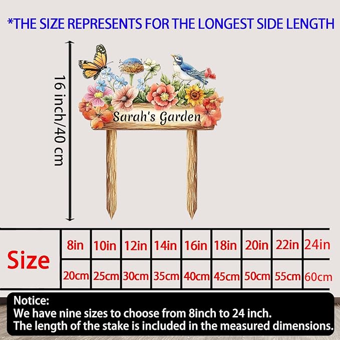 Personalized Colorful Bird Metal Sign with Stake,Custom Gardener Last Name Signs Outdoor Decorate,Customized Garden Accessories Decor for Mom,Butterfly Flowers Plaques for Patio Lawn Porch Backyard