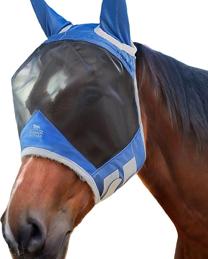 Harrison Howard CareMaster Pro Luminous Horse Fly Mask Large Eye Space Standard with Ears UV Protection for Horse Royal Blue M Cob