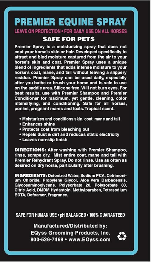 EQyss Premier Equine Rehydrant Spray - Moisturize Horse's Skin & Coat, Add Shine, Detangle, Repel Dirt & Dust - No Silicone, Non-slip Finish (128 oz)