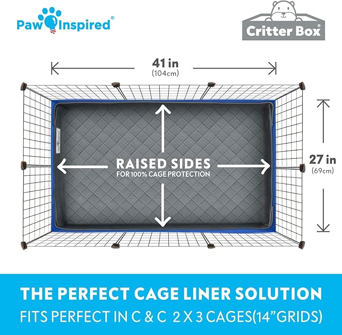 Paw Inspired Critter Box Washable Cage Liner, Reversible Fleece Bedding with Raised Sides for Guinea Pigs and Other Small Animals (C&C 2x3 (14" Grids), Gray/Green)