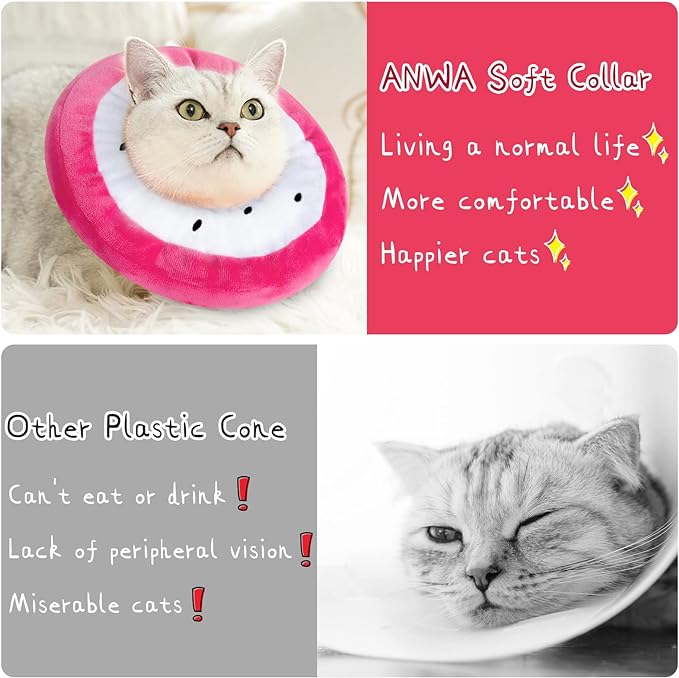 ANWA Adjustable Cat Cone Collar Soft, Cute Cat Donut Collar After Surgery, Kitten Recovery Cones to Stop Licking