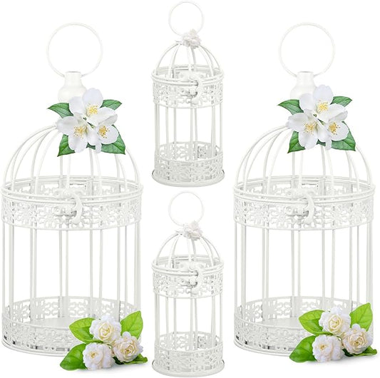 Sliner 4 Pcs Bird Cage Decorative Candle Holder Vintage Candle Holder Cage Lanterns Model for Modern Table House Home Decoration(White)