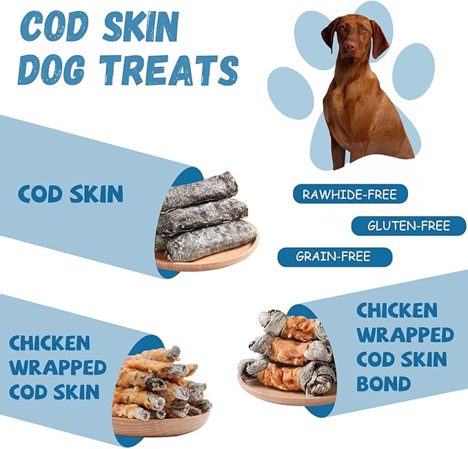 Dog Treats Natural Cod Skin Rolls, Rawhide-Free Chewy Fish Skin Dog Chews, One-Ingredient Healthy Training Treats Rich in Omega3 & Protein, 10.6 oz
