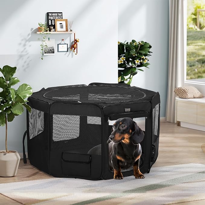 DONORO Dog Playpen Portable Pet Play Pens for Small Dog/Cat/Rabbit/Chicks, Cat Playpen Indoor/Outdoor with Carring Case, Removable Zipper Top and Bottom (Black, Large (46"x46"x23"), 8)
