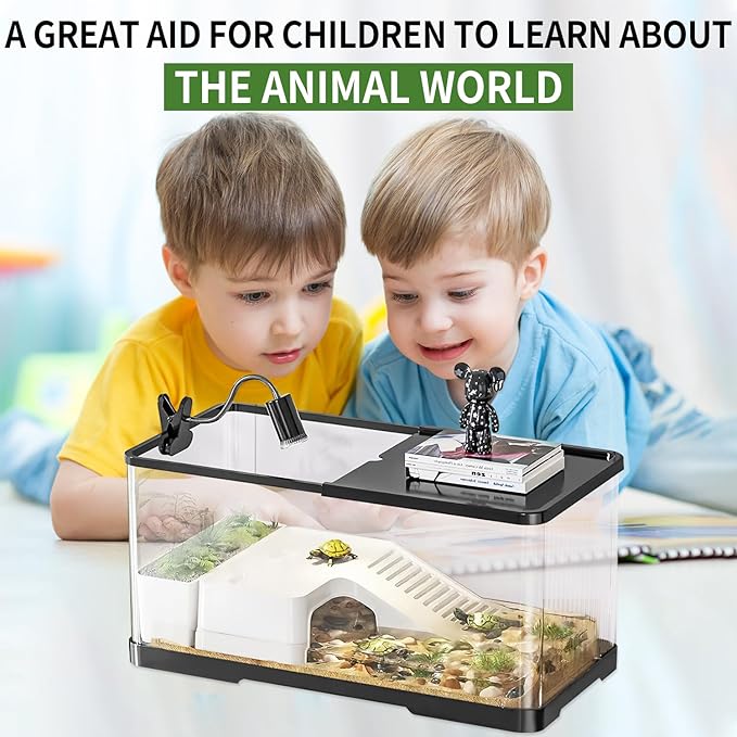 (Tank + Light + Filter + Filter Balls) Turtle Tank Kit, Turtle Tank Starter Kit,Bottom Drainage, Multi-Function Areas for Turtles, Crabs,Fishes, Amphibians,Reptiles.(15.75 x 8.64 x 8.64 Inch)