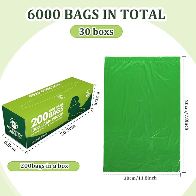 Harloon 6000 Counts Dog Poop Waste Bags 30 Rolls 12 x 8 Inches Extra Thick Strong Leak PET Proof Bags Disposable Bulk Universal Doggy Roll Waste Box for Puppy Outdoor Walking Travel(Deep Green)