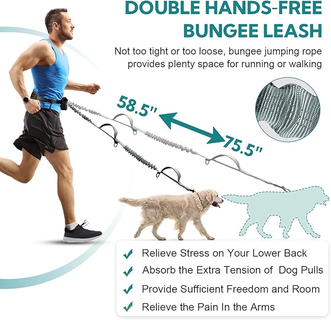 Hands Free Dog Leash with Pouch, Adjustable Waist Belt with Double Padded Handles, Waist Leash for Dog Walking, Dog Leash with Bungee for Medium & Large Dog, Dog Walking Accessories, Olive