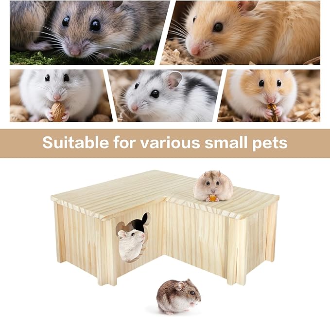 Wooden Hamster Platform and Dwarf Hamster House,Cute Syrian Hamster Tiny House Hideout,Large Balcony Lookout Holes,for Dwarf Gerbils and Mouse Mice Rat Other Small Animals(F)