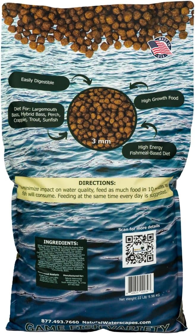 Natural Waterscapes Game Fish Food Variety | Pond and Lake Fish Food Pellets | 22 lb Bag | Feed to Bass, Bluegill, Trout, Catfish, tilapia | Floating Pellets