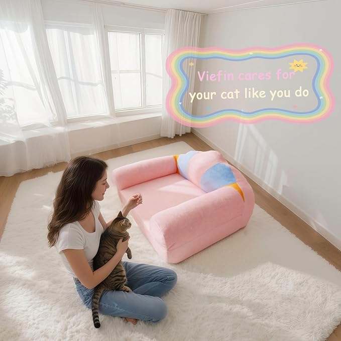 Cute Cat Couch with Soft Pillow, Supportive Dog Couch, Cat Sofa with Removable Cover,Cute Rainbow Shaped, 24 Inch