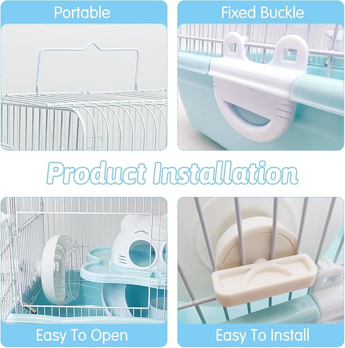 PINVNBY Dwarf Hamster Cage, Small Animal Cages, 2-Tier Travel Portable Mouse Cage Hamster Carrier with Castle House Running Exercise Wheels, Water Bottle and Food Dis(Blue)