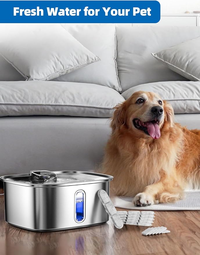Dog Water Fountain for Large Dogs, 9L/2.4Gal Stainless Steel Dog Fountain with Visible Window & Filtration, Automatic Pet Water Bowl Dispenser Indoor, for All Dogs and Multi-Pet (Filters)