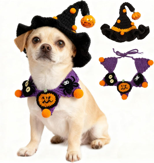 Halloween Dog Costume - Black Witch Hat & Halloween Outfit for Rabbits,Cats and Small Sized Dogs,Handmade Festive Halloween Pet Apparel with Pumpkin Design,Perfect for Dog & Cats (Small to Large size Pets)