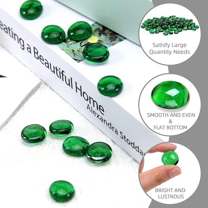 FUTUREPLUSX 1LB Green Flat Glass Marbles, Premium Colored Gems Fish Bowl Marbles Decorative Mosaic Glass Pebbles Floral Smooth Stones for Vases Aquarium Home Decor