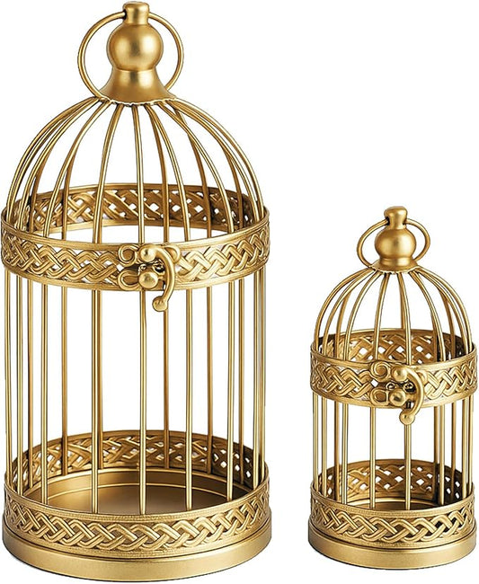 VELA LANTERNS Birdcage Decor Candle Holder Lantern Decorative Wedding Table Centerpiece Decorations, 10" and 6" Tall, Gold, Set of 2