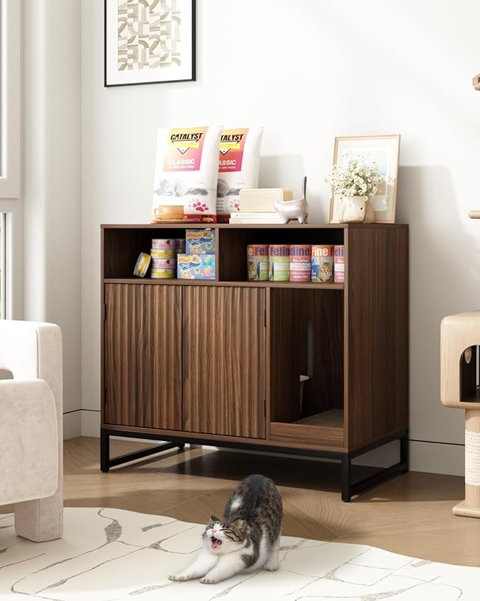 Cat Litter Box Enclosure, Large Hidden Pet Storage Cabinet Furniture with Waveform Fluted Doors & Scratching Pad, Modern Wooden Cat House Indoor for Washroom, Living Room, Bedroom, Rustic Brown