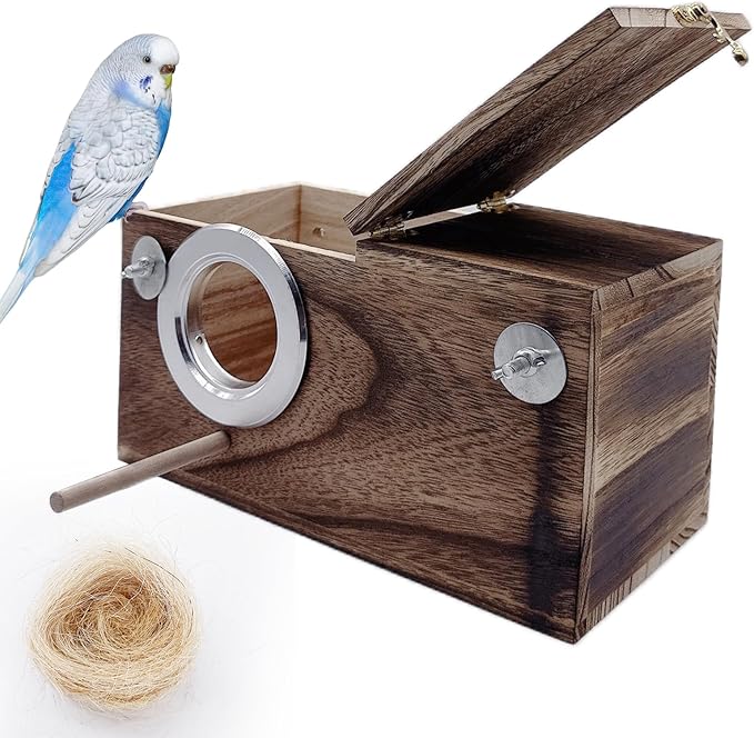 kathson Parrots Nesting Box Parakeet Nest House for Cage Budgie Breeding Hut with Coconut Fiber Bedding Wooden Bird Mating Box for Lovebirds Budgie Conure and Small Medium Parrot Birds