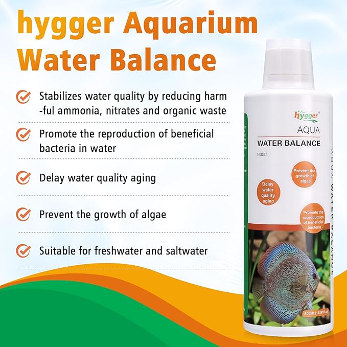 hygger Aqua Water Balance for Freshwater Saltwater, Aquarium Fish Tank Plant Coral Stabilizes Water Quality with Essential Vitamins Amino Acids Electrolyte Water Conditioner, 500 ML