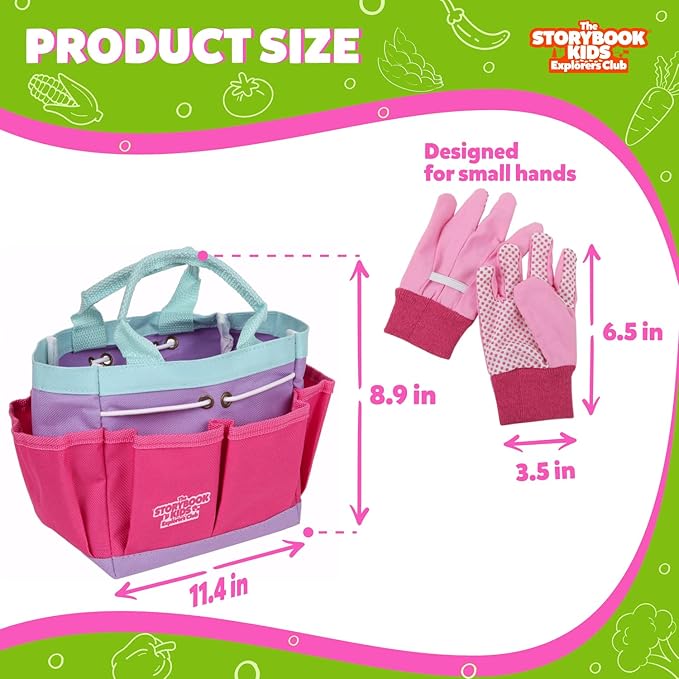 Pink Kids Gardening Tools - includes Sturdy Tote Bag, Watering Can, Gloves, Shovels, Garden Stakes, and a Delightful Children's Book "How to" Garden Tale - Kids Garden Tool set for toddler age on up.