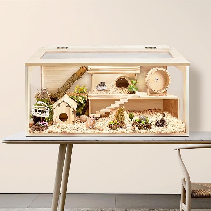 Hamster Cage Chewproof Wood, Mice and Rat Habitat Openable Top with Acrylic Sheets Solid Built, Small Animal Cage, 40 Inch Length