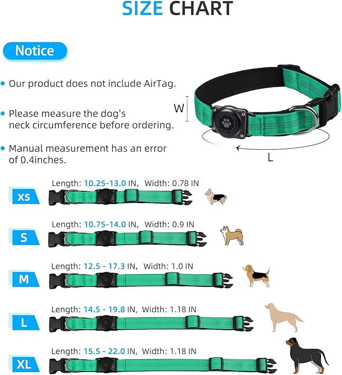 Upgraded AirTag Dog Collar, IP68 Waterproof Air Tag Dog Collar Holder, Reflective, Ultra-Durable, Comfortable Padded, Heavy Duty Dog Collars for Small Medium Large Dogs (S (10.6"-13.6"), Teal)